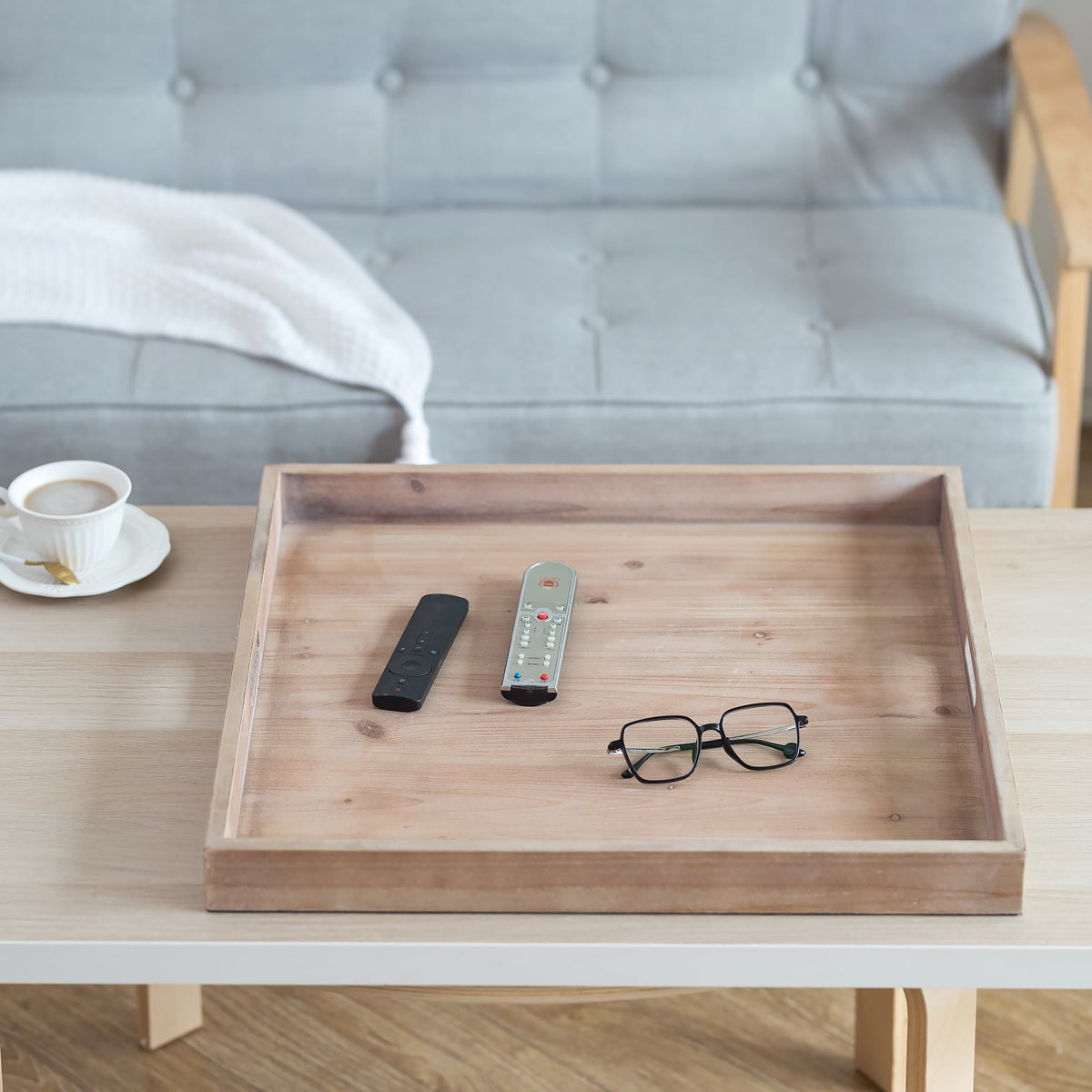 Hanobe Square Extra Large Ottoman Tray: Decorative Wooden Serving Trays with Handles for Ottoman Coffee Table Topper  Living Room