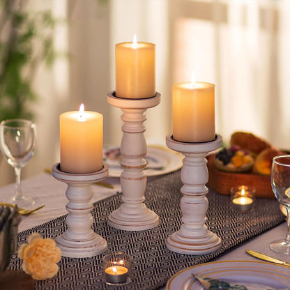 Hanobe Wood Rustic Candle Holders for PIllar Candles， Farmhouse White Candle Holders Set of 3 Candlestick Holder