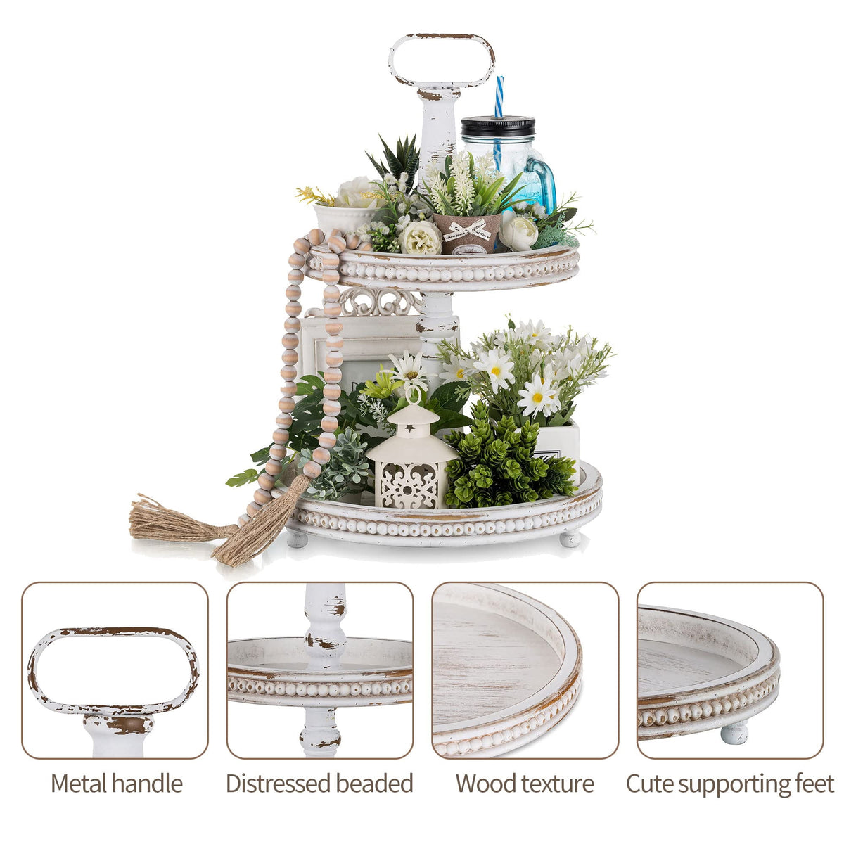 Hanobe Farmhouse Wooden Two Tiered Tray Stand:  2 Tier Trays Decor Wood for  Kitchen Island Decor Home Decor Living Room Coffee Table Centerpieces（White）