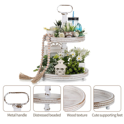 Hanobe Farmhouse Wooden Two Tiered Tray Stand:  2 Tier Trays Decor Wood for  Kitchen Island Decor Home Decor Living Room Coffee Table Centerpieces（White）