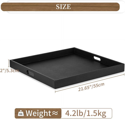 Hanobe Square Extra Large Ottoman Tray：Black Leather Decorative Tray with Handles for Ottoman Table Topper Coffee Table Living Room 22" x 22"