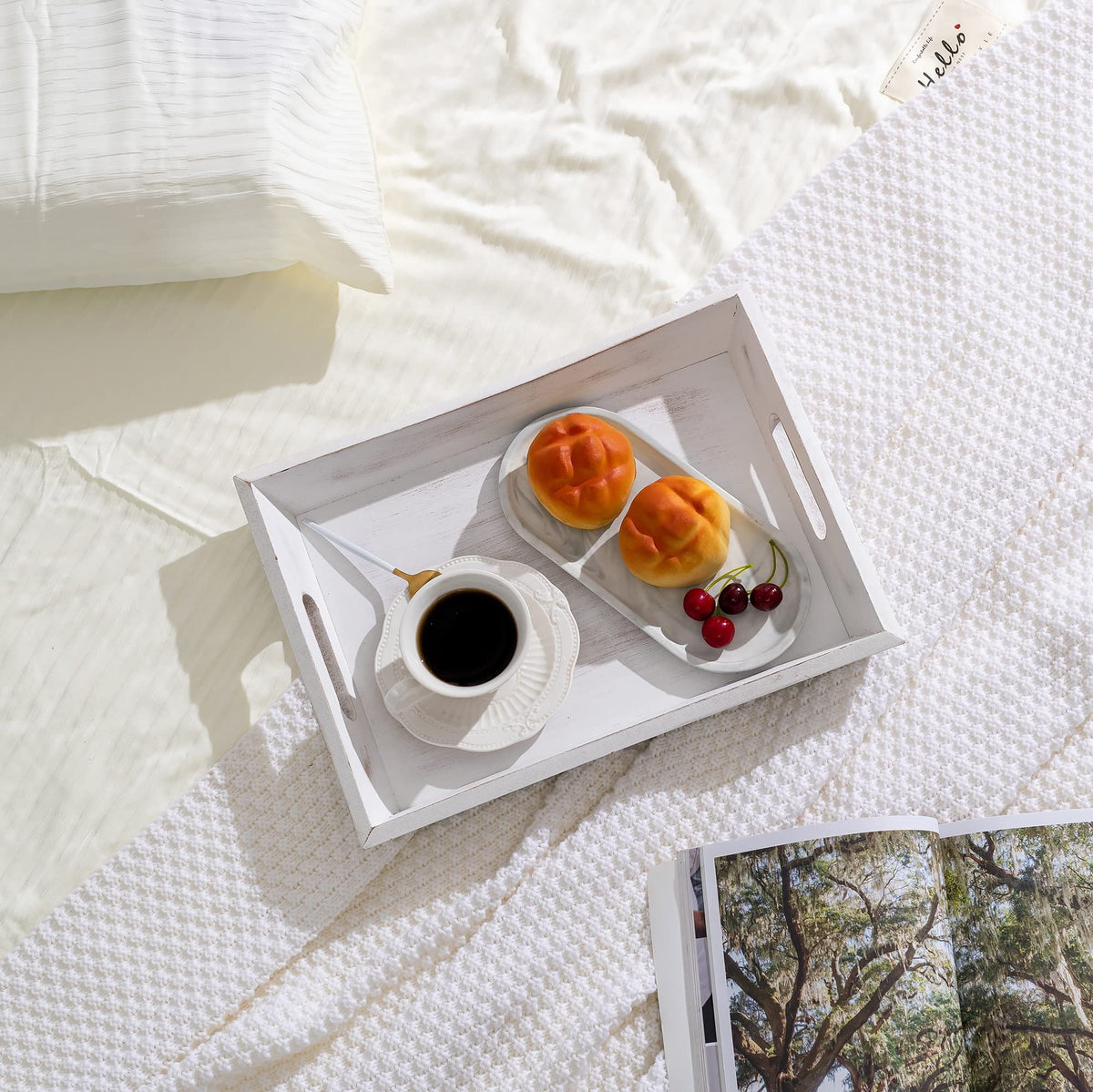 Hanobe Wooden Serving Tray with Handle, Farmhouse  Decorative Coffee Table Tray (Whitewashed )