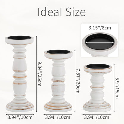 Hanobe Wood Rustic Candle Holders for PIllar Candles， Farmhouse White Candle Holders Set of 3 Candlestick Holder