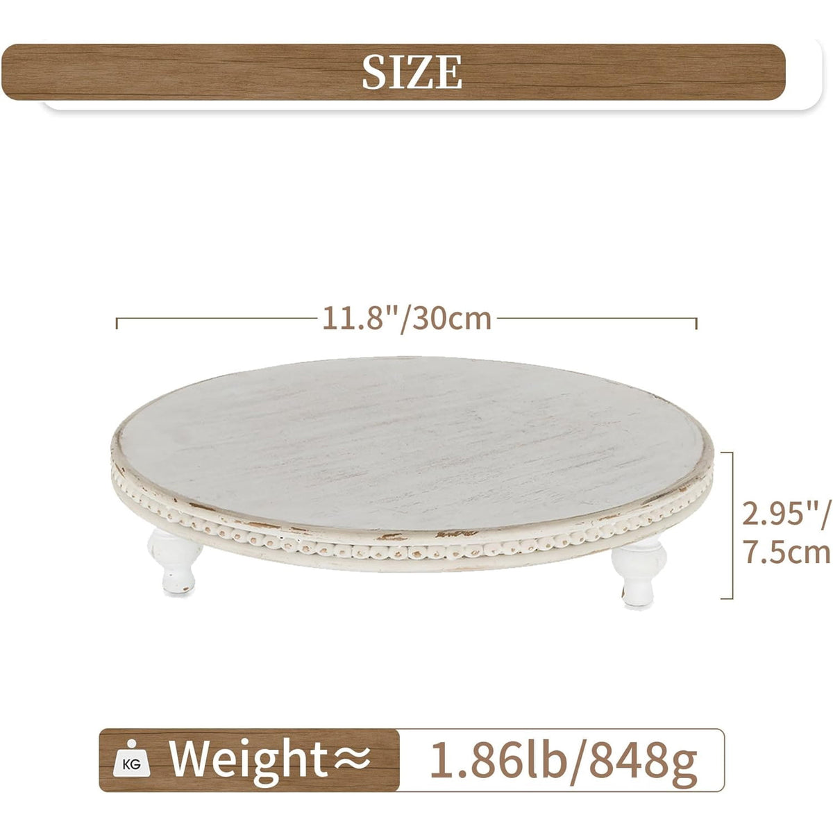 Hanobe Farmhouse Wooden Round Decorative Tray， Pedestal Wood Riser for Display Coffee Table Decor Wedding 11.8" Table Centerpiece Candle Holder Tray, Whitewashed
