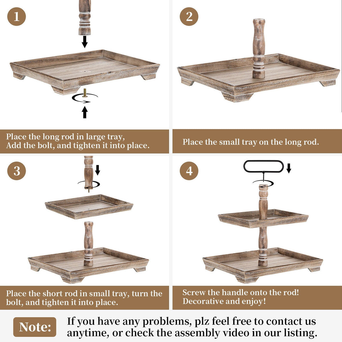 Hanobe Farmhouse Tiered Tray Stand Decor:  Decorative 2 Tier Serving Tray Stand for Rustic Table Centerpiece, Kitchen Island Decor, Coffee Bar, or Cupcake Stand  (Brown)