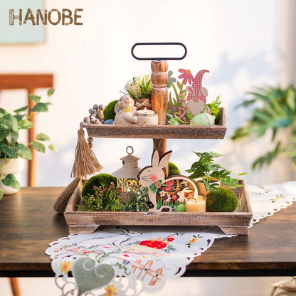 Hanobe Farmhouse Tiered Tray Stand Decor:  Decorative 2 Tier Serving Tray Stand for Rustic Table Centerpiece, Kitchen Island Decor, Coffee Bar, or Cupcake Stand  (Brown)