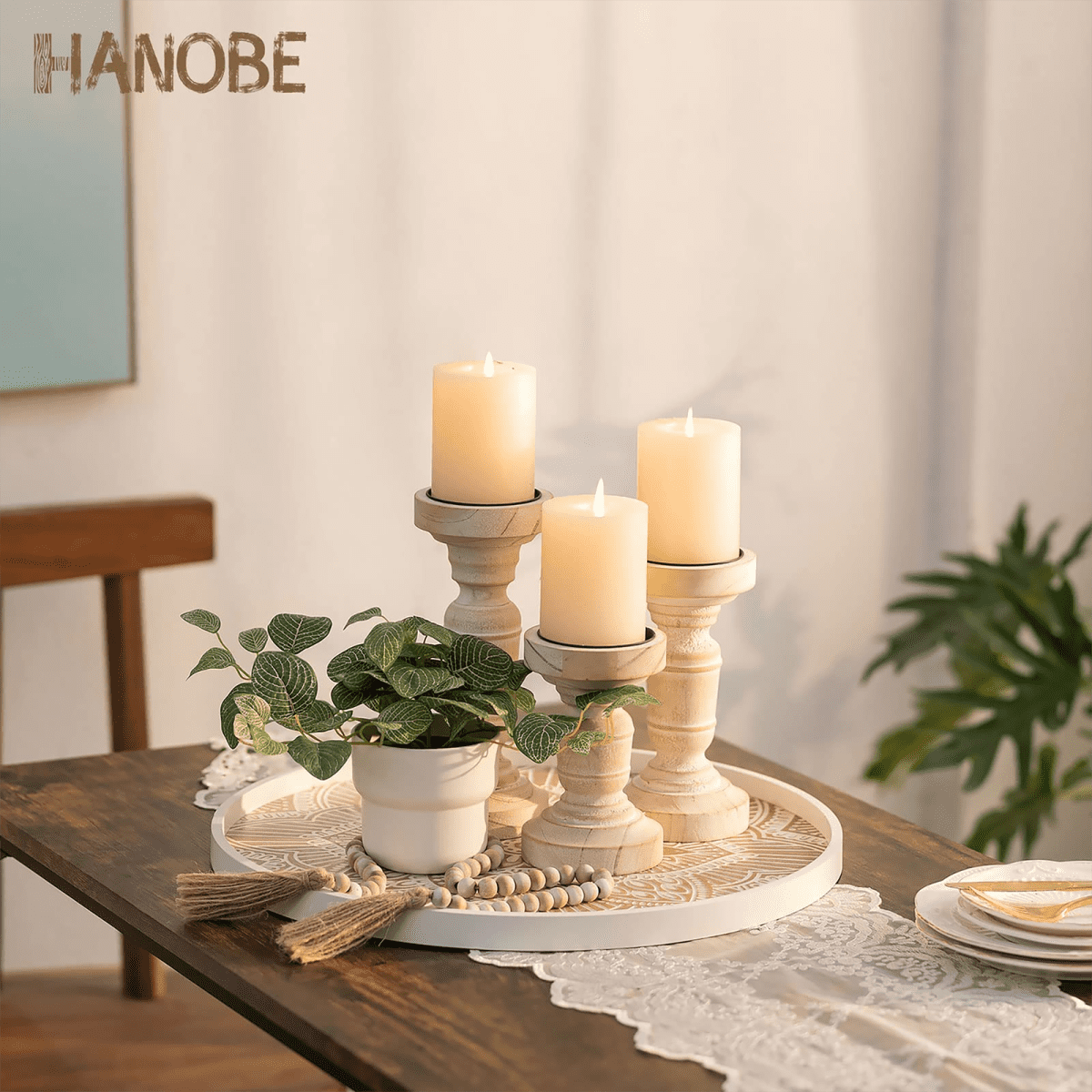 Hanobe Wooden Decorative Serving Tray Farmhouse Centerpiece Coffee Table Home Decor 17.7"