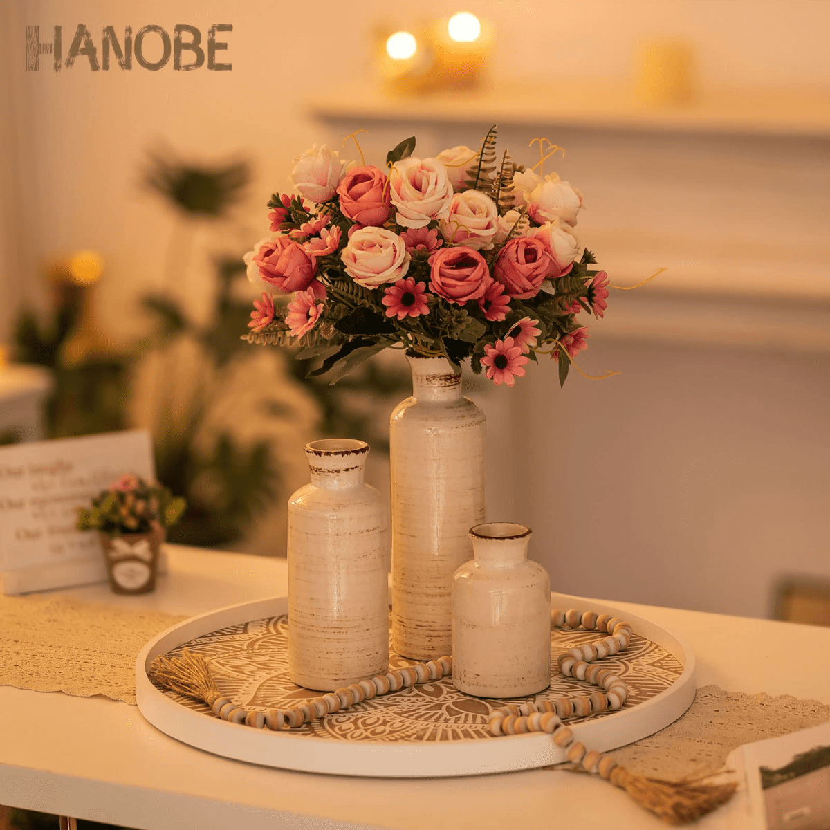 Hanobe Wooden Decorative Serving Tray Farmhouse Centerpiece Coffee Table Home Decor 17.7"