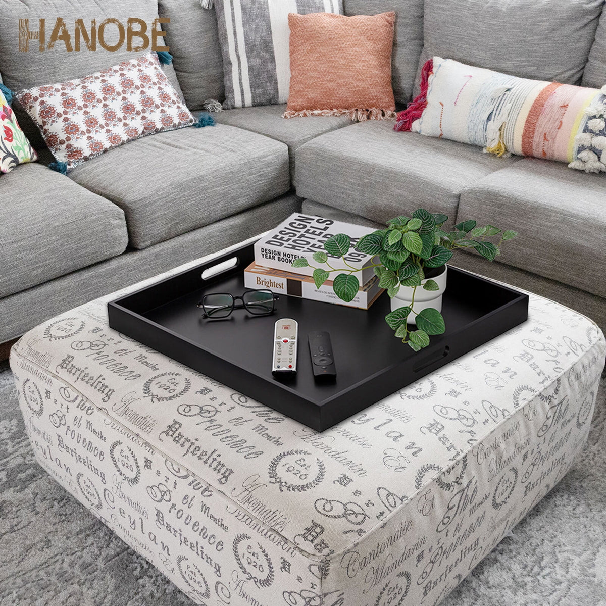 Hanobe Square Large Ottoman Tray Modern Extra Large Black Serving Decorative Trays with Cutout Handles for Living Room Coffee Table Home, 20"