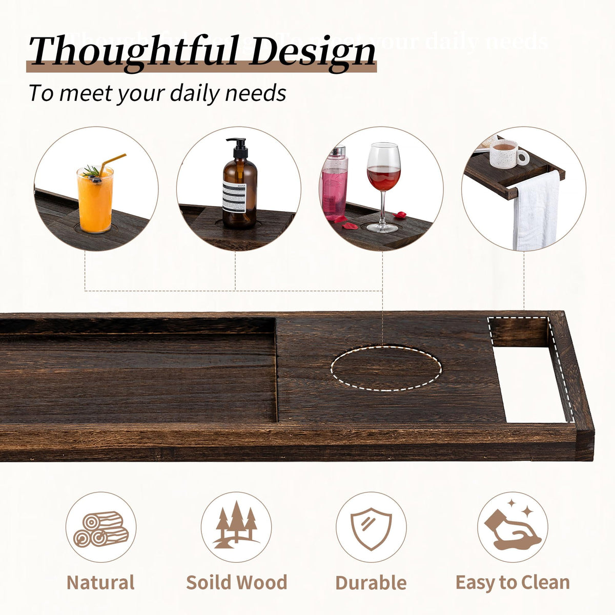 Hanobe Bathtub Tray, Bath Tub Tray Wood SPA Long Tray  with Handles Bath Accessories Organizer Home SPA