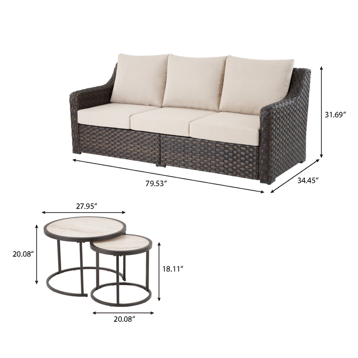 Better Homes & Gardens River Oaks Outdoor Sofa and 2 Nesting Tables with Patio Cover, Dark Brown