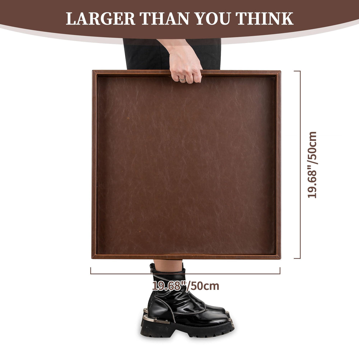 Hanobe Ottoman Large Decorative Serving Tray: 20'' Decorative Round Trays with Handles - Leather Coffee Table Decor for Extra Big Counter Home Living Room - Oversized