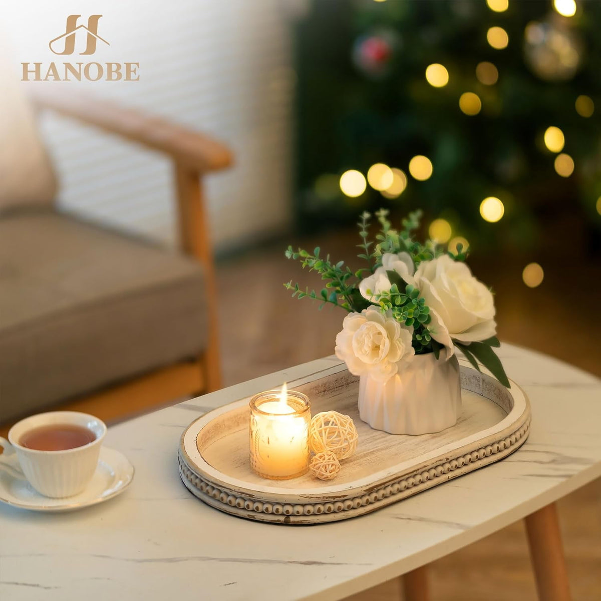 Hanobe Decorative Tray， Wooden Candle Holder Tray for Coffee Table Decor Farmhouse Centerpiece Kichen Counter ，White Washed 15"