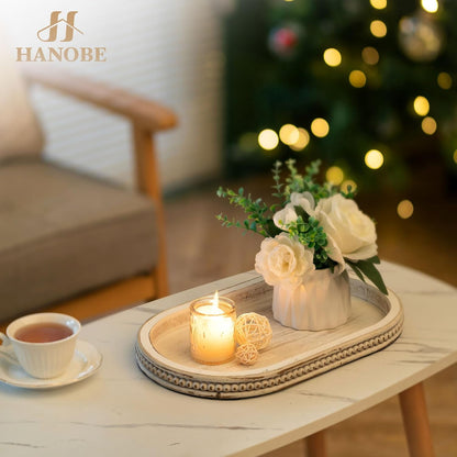 Hanobe Decorative Tray， Wooden Candle Holder Tray for Coffee Table Decor Farmhouse Centerpiece Kichen Counter ，White Washed 15"