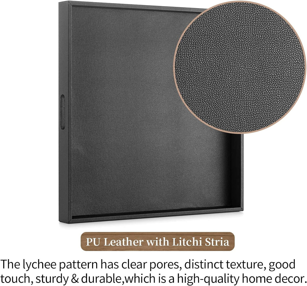 Hanobe Square Extra Large Ottoman Tray：Black Leather Decorative Tray with Handles for Ottoman Table Topper Coffee Table Living Room 22" x 22"