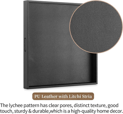 Hanobe Square Extra Large Ottoman Tray：Black Leather Decorative Tray with Handles for Ottoman Table Topper Coffee Table Living Room 22" x 22"