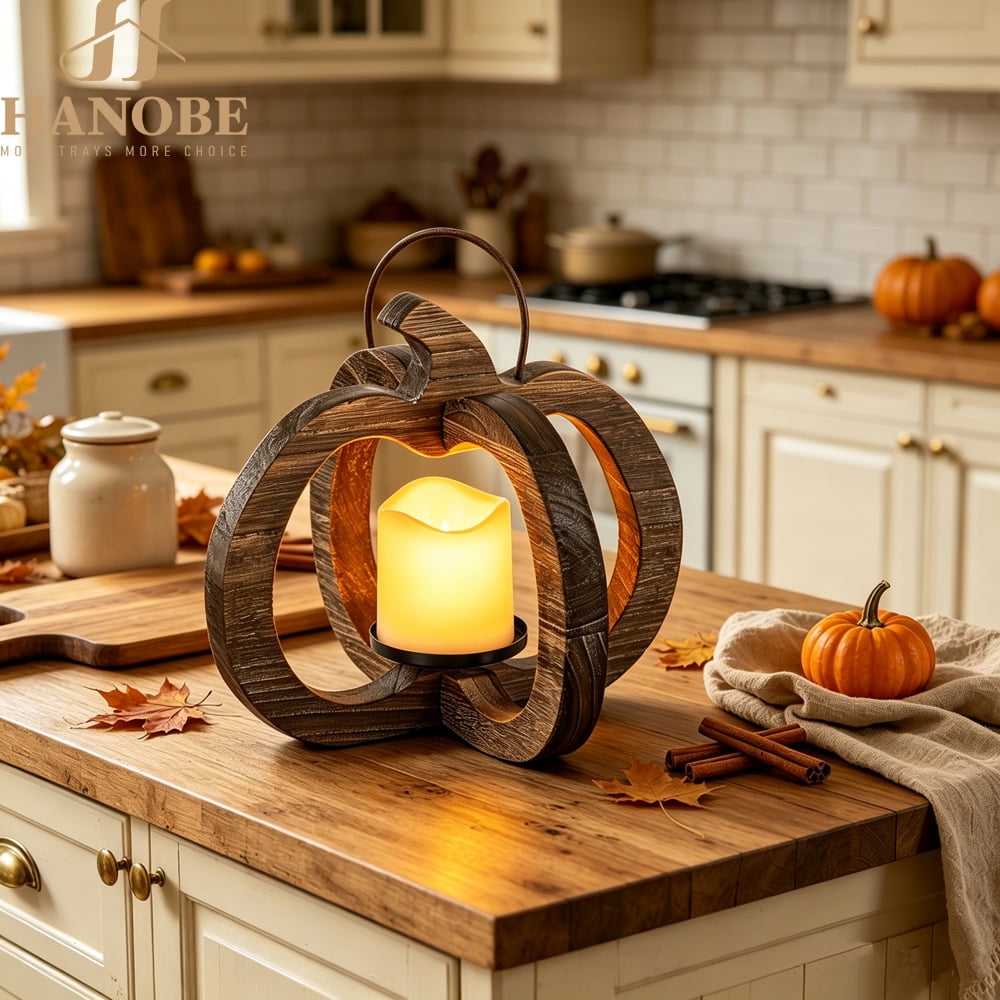 Hanobe Wood Pumpkin Lantern，Fall Candles and Lanterns for Fall Table Centerpiece With LED Candle, 1 pc 10.6 Inch