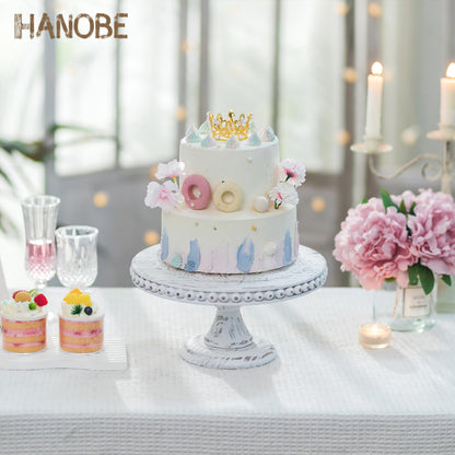Hanobe Rustic Cake Stand 11.8 Inch Wood Dessert Display Riser Vintage Beads Cake Stand for Wedding Reception Decoration