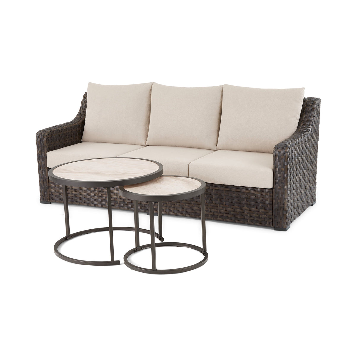 Better Homes & Gardens River Oaks Outdoor Sofa and 2 Nesting Tables with Patio Cover, Dark Brown