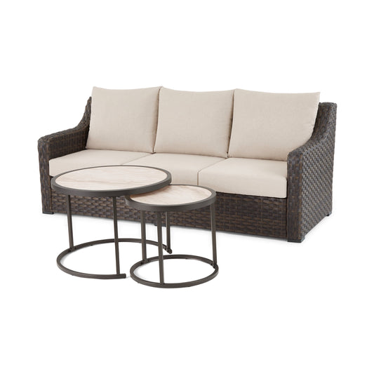 Better Homes & Gardens River Oaks Outdoor Sofa and 2 Nesting Tables with Patio Cover, Dark Brown