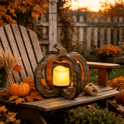 Hanobe Wood Pumpkin Lantern，Fall Candles and Lanterns for Fall Table Centerpiece With LED Candle, 1 pc 10.6 Inch
