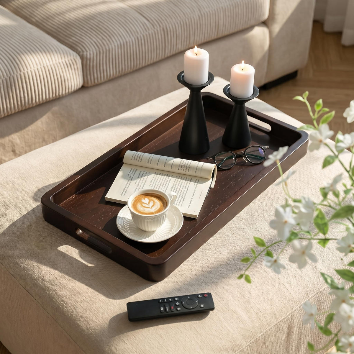 Hanobe 20" Large Wooden Ottoman Serving Trays for Coffee Table Decor | Wulnut Big Decorative Tray with Handles for Modern Farmhouse Living Room Decor