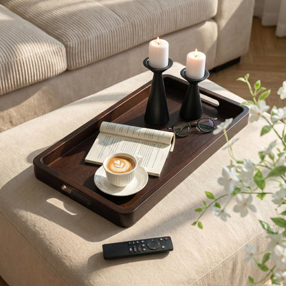 Hanobe 20" Large Wooden Ottoman Serving Trays for Coffee Table Decor | Wulnut Big Decorative Tray with Handles for Modern Farmhouse Living Room Decor
