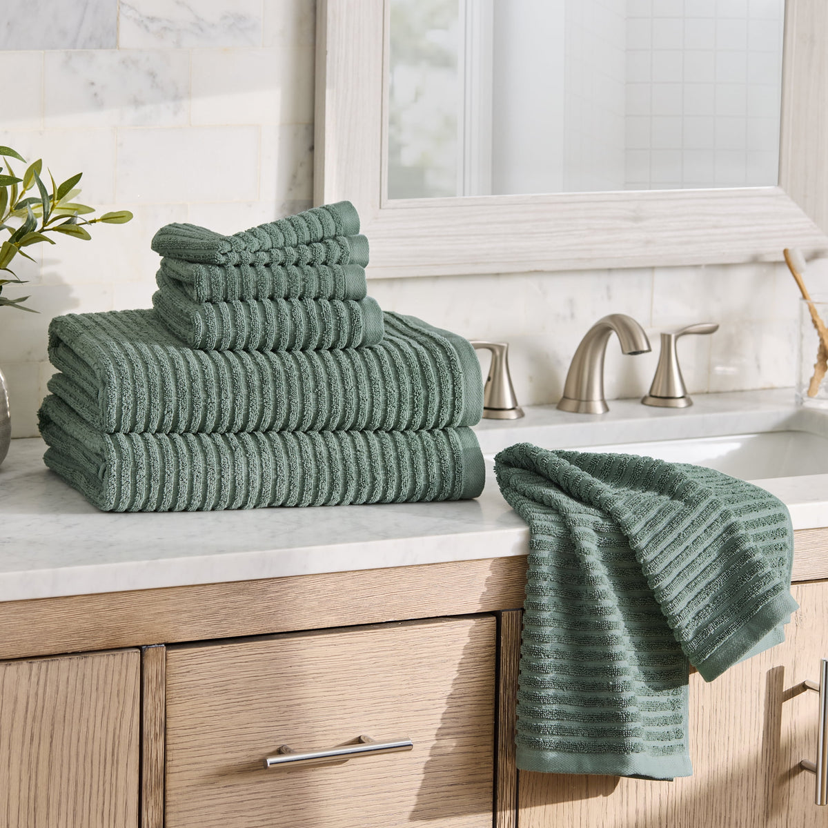Better Homes & Gardens PowerLoft AIRRICH® 6 Piece Bath Towel Set, Green Ash Textured Stripe