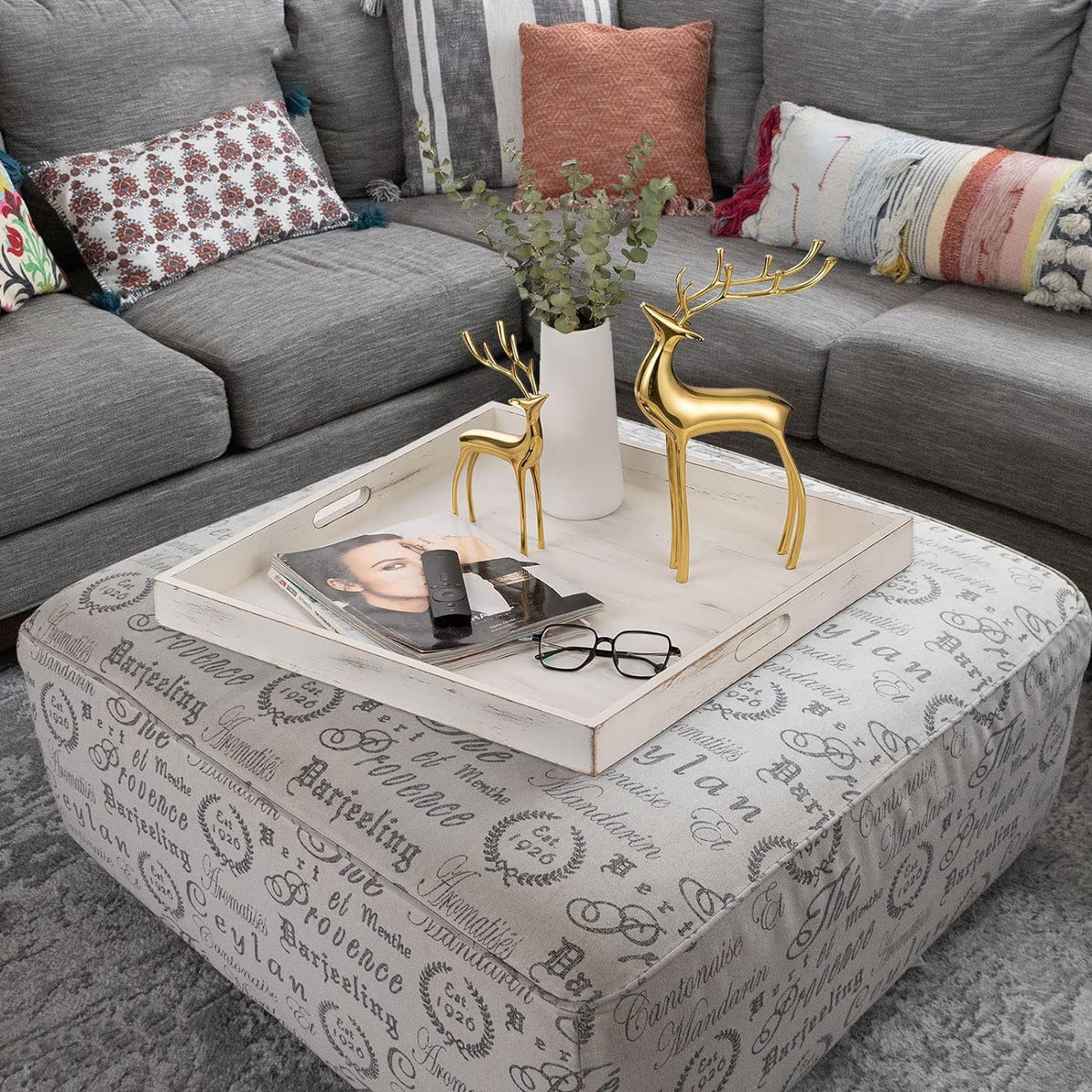 Hanobe Square Extra Large Ottoman Tray: 22" Decorative Wooden Serving Trays for Couch Ottoman Coffee Topper with Handles for Living Room（Whitewashed）