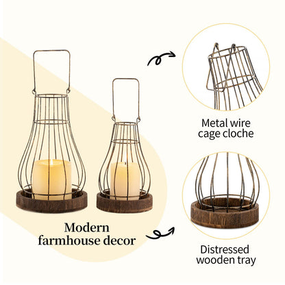 Hanobe Farmhouse Rustic Candle  Lantern Decor - Wire Metal Lantern Decorative Indoor Outdoor for Fireplace Mantle Coffee Table Decor Set of 2