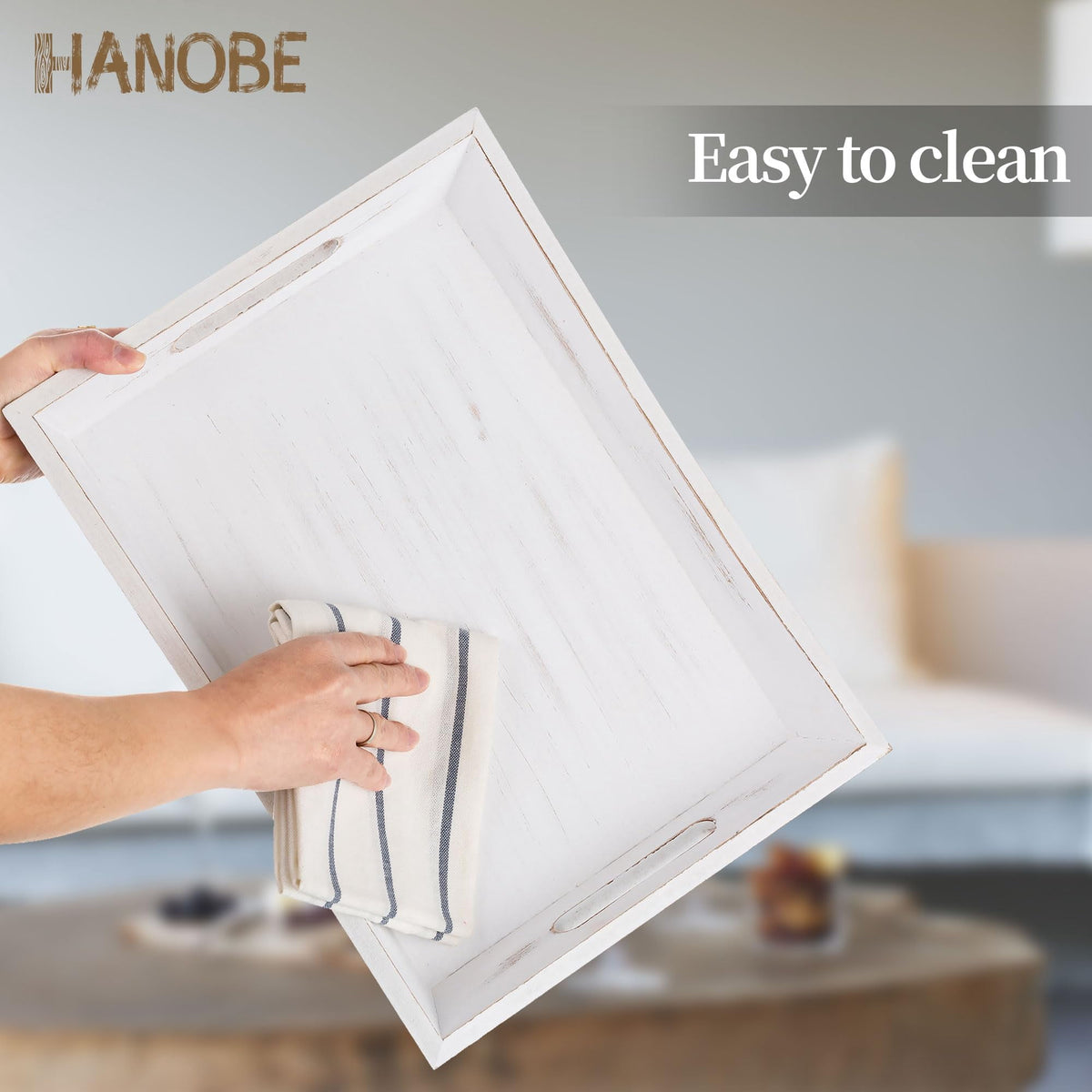 Hanobe Wooden Serving Tray with Handle, Farmhouse  Decorative Coffee Table Tray (Whitewashed )