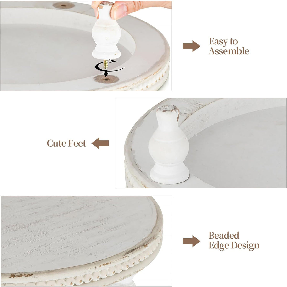 Hanobe Farmhouse Wooden Round Decorative Tray， Pedestal Wood Riser for Display Coffee Table Decor Wedding 11.8" Table Centerpiece Candle Holder Tray, Whitewashed