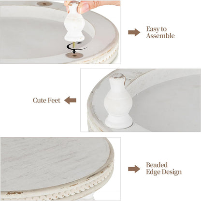 Hanobe Farmhouse Wooden Round Decorative Tray， Pedestal Wood Riser for Display Coffee Table Decor Wedding 11.8" Table Centerpiece Candle Holder Tray, Whitewashed