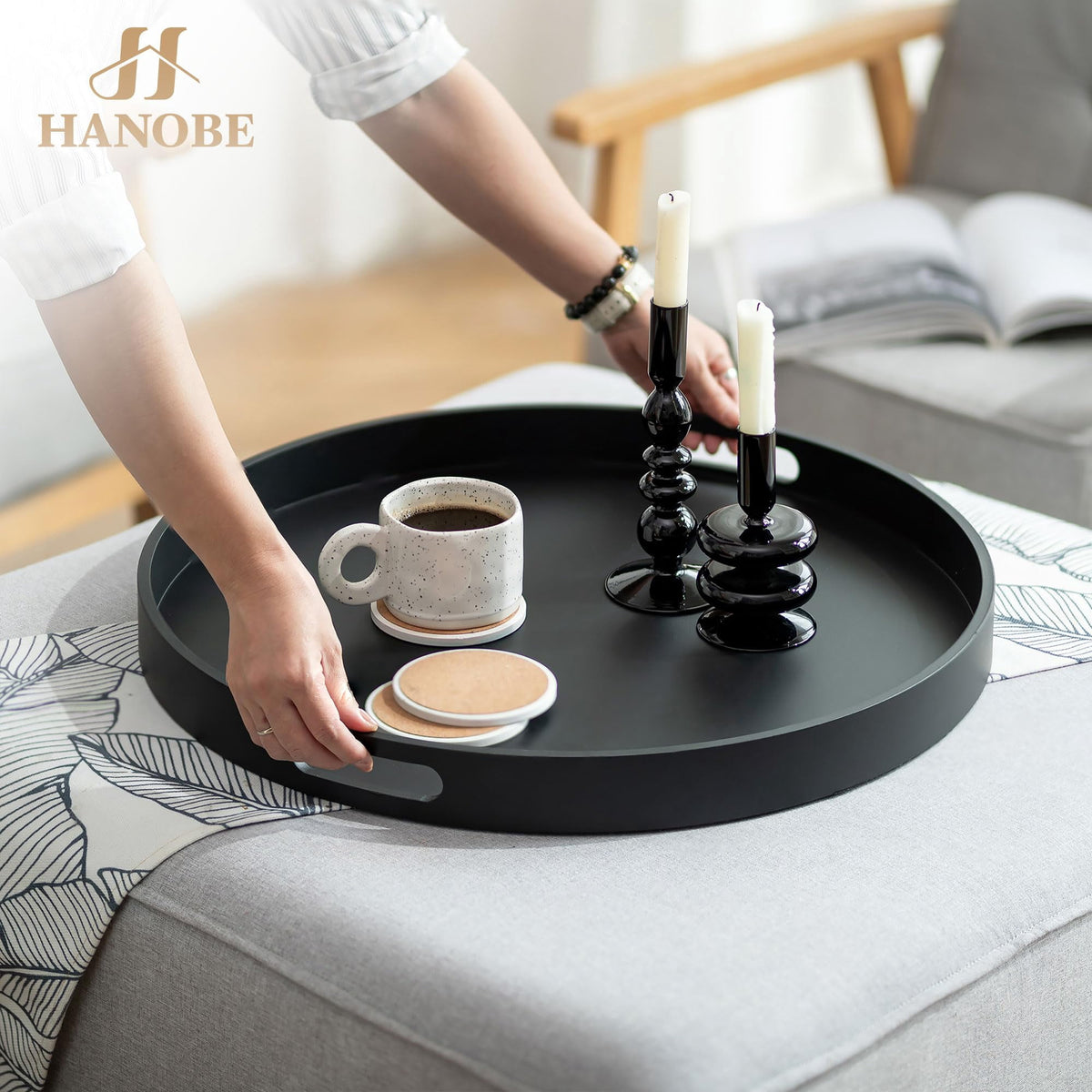 Hanobe 22" Serving Ottoman Tray Topper, Round Large Black Decorative Tray for Home Living Room Coffee Table Decor with Handles