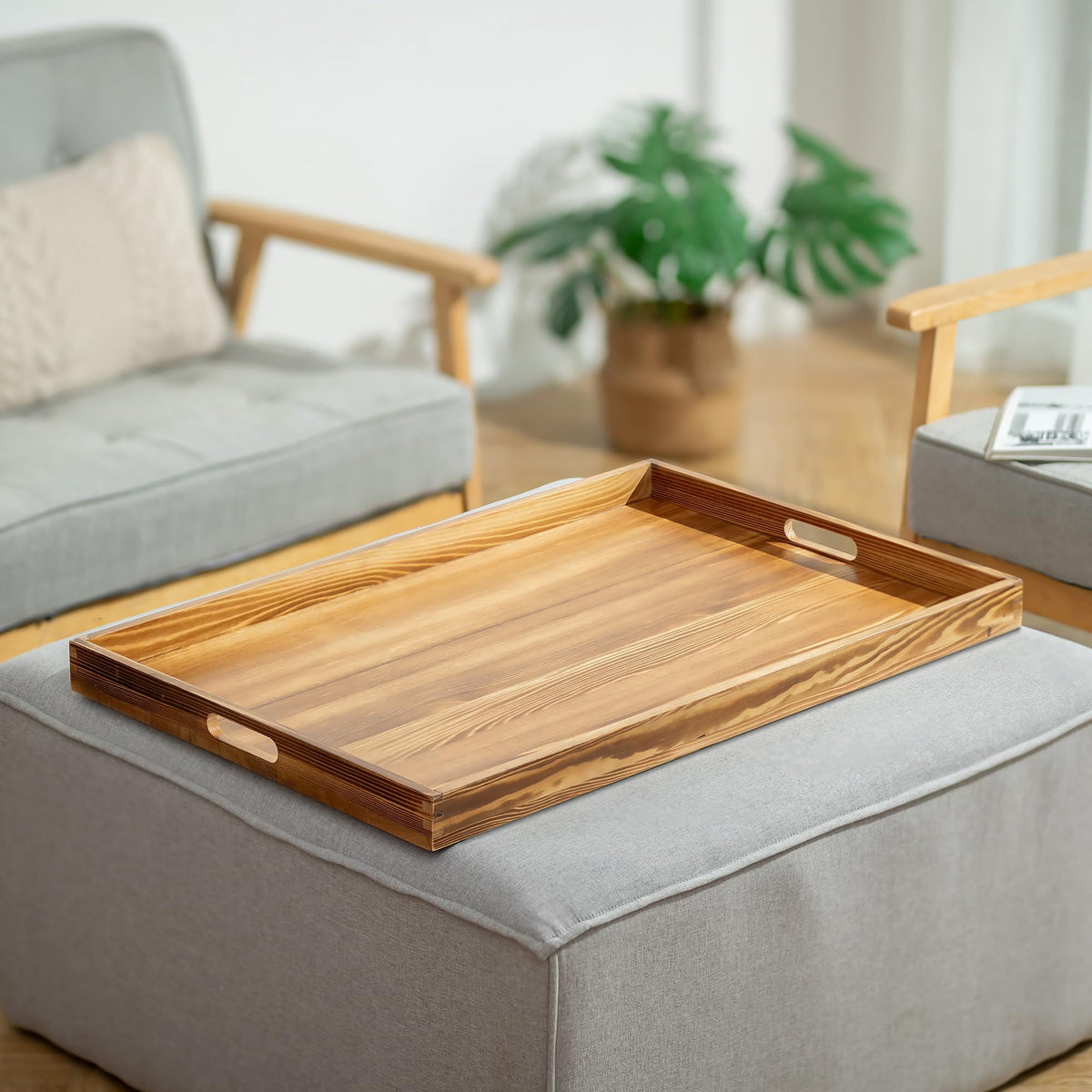 Hanobe Large Ottoman Tray: 30" Decorative Wooden Trays for Ottoman with Handles - Ottoman Table Topper for Coffee Table