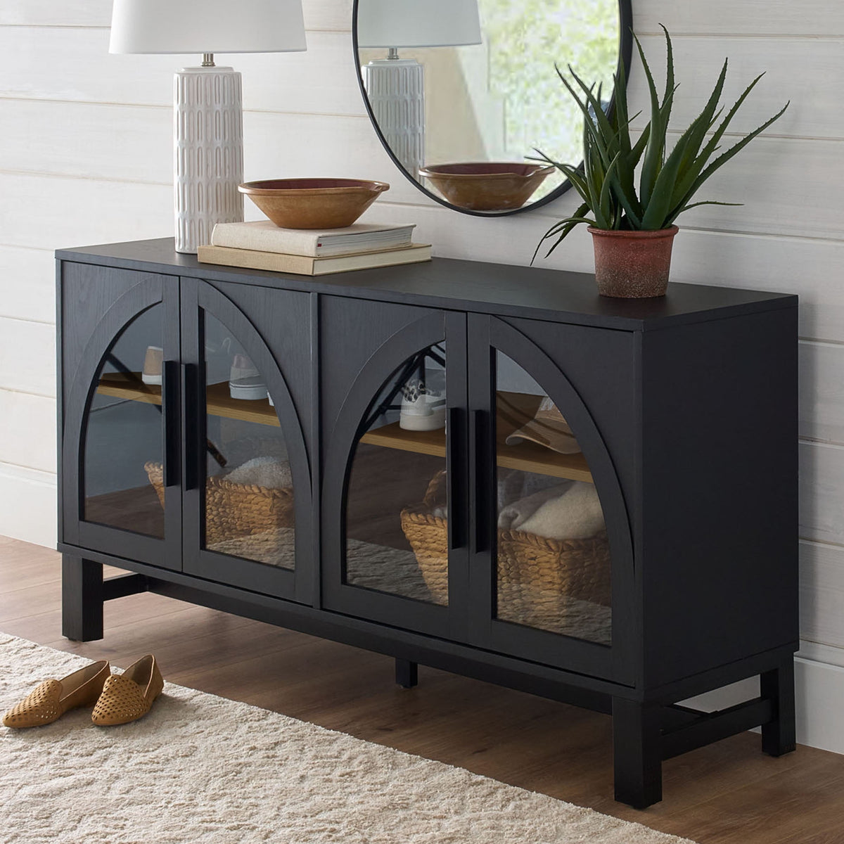 Better Homes & Gardens Juliet Arch TV Stand for TVs up to 65 in, Black Wood Finish