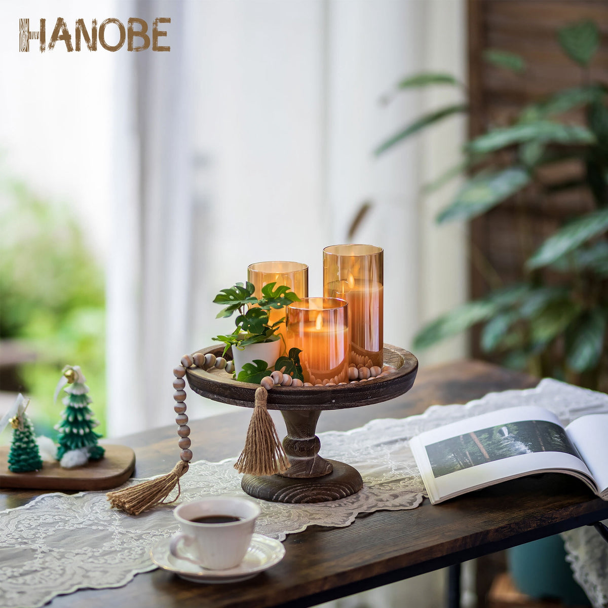 Hanobe 11"  Rustic wooden Cake Stand, Decorative Round Tray Pedestal stand Farmhouse Kitchen Decor for Counter Wedding Birthday Home Decor
