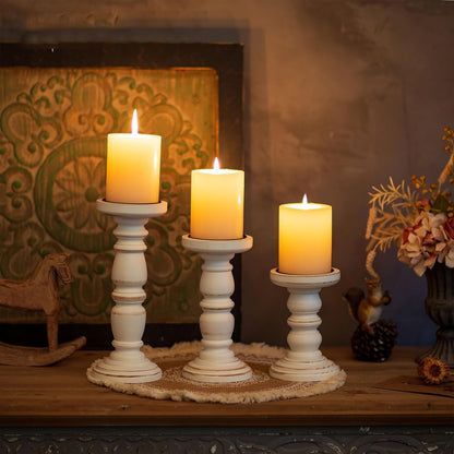 Hanobe Wood Rustic Candle Holders for PIllar Candles， Farmhouse White Candle Holders Set of 3 Candlestick Holder