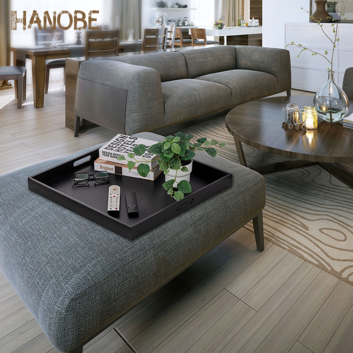 Hanobe Square Large Ottoman Tray Modern Extra Large Black Serving Decorative Trays with Cutout Handles for Living Room Coffee Table Home, 20"