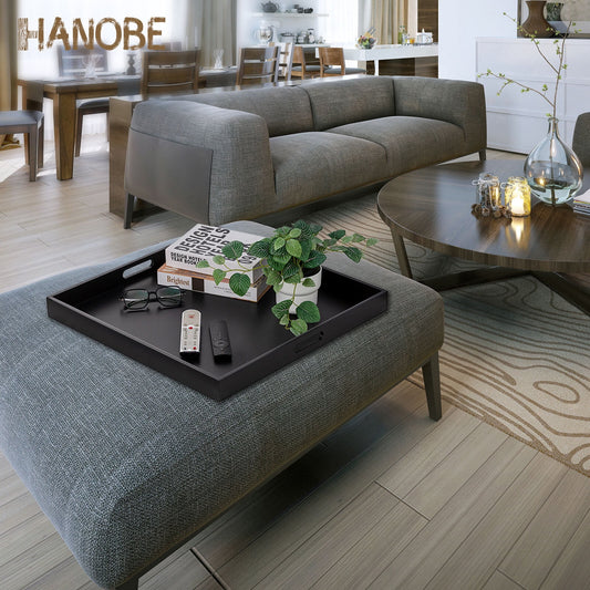 Hanobe Square Large Ottoman Tray Modern Extra Large Black Serving Decorative Trays with Cutout Handles for Living Room Coffee Table Home, 20"