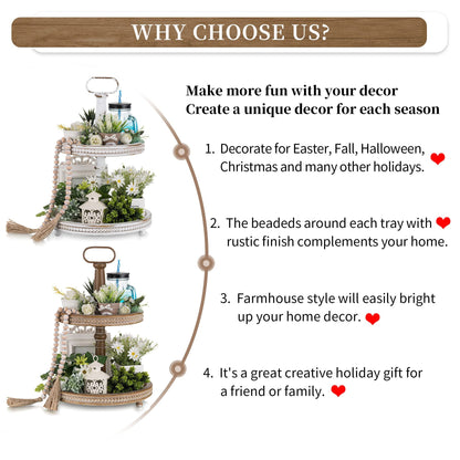 Hanobe Farmhouse Wooden Two Tiered Tray Stand:  2 Tier Trays Decor Wood for  Kitchen Island Decor Home Decor Living Room Coffee Table Centerpieces（White）