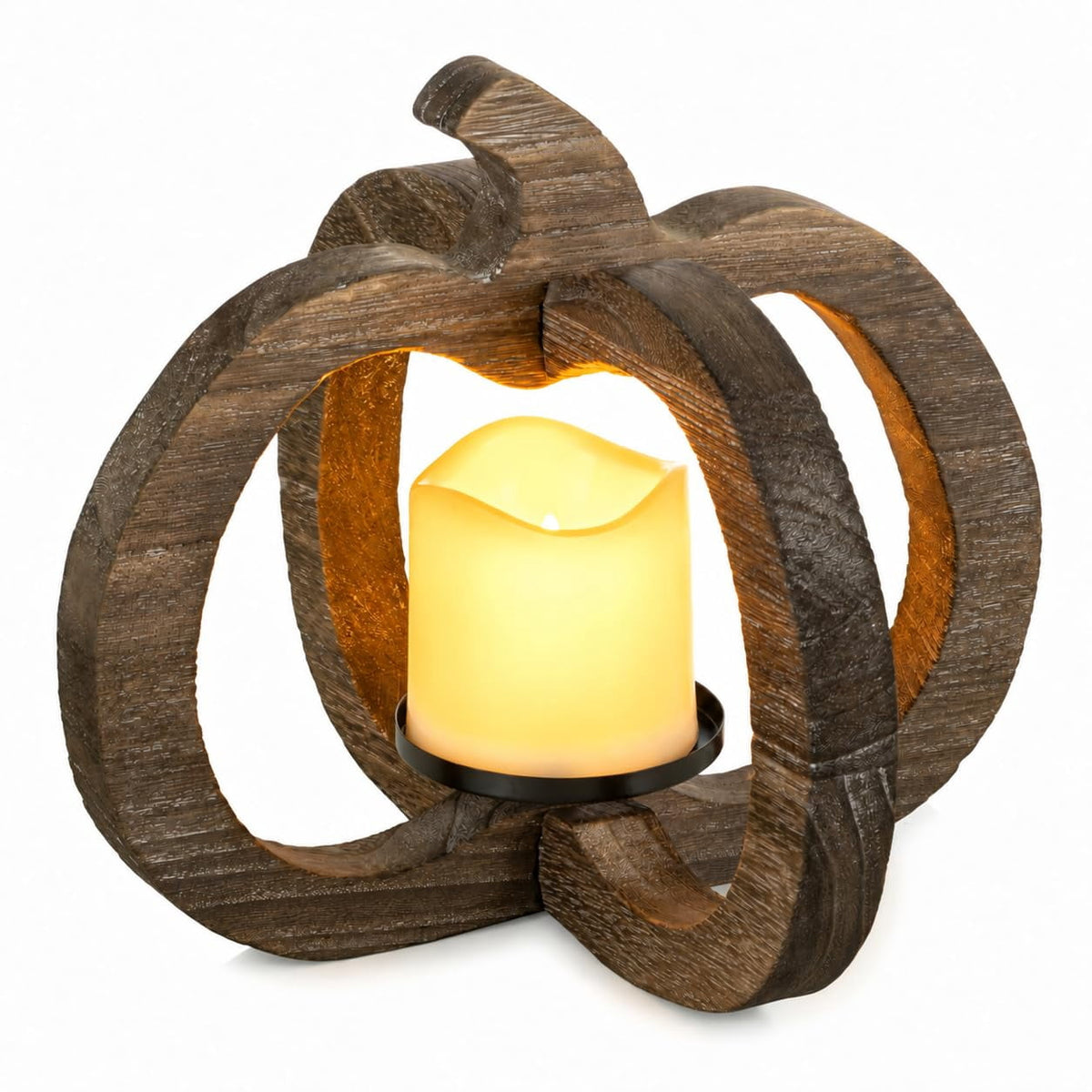 Hanobe Wood Pumpkin Lantern，Fall Candles and Lanterns for Fall Table Centerpiece With LED Candle, 1 pc 10.6 Inch